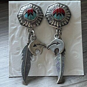Sterling Silver, Turquoise and Coral Navajo Inlaid Earrings